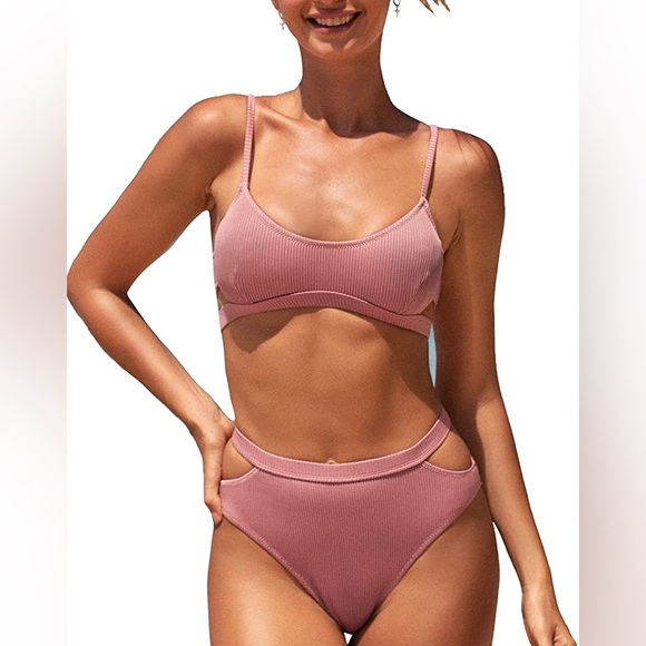 Cupshe Other - Cupshe Halle Cutout High Waisted Ribbed Bikini Two Piece Dusty Rose